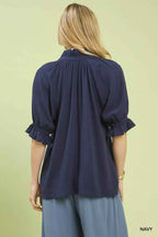 Umgee Linen Blouse Navy Blue Scalloped Ruffle Neck Top d0f29092-1587-4374-bb2a-c2735d0a9623-Max-Origin Trendsi