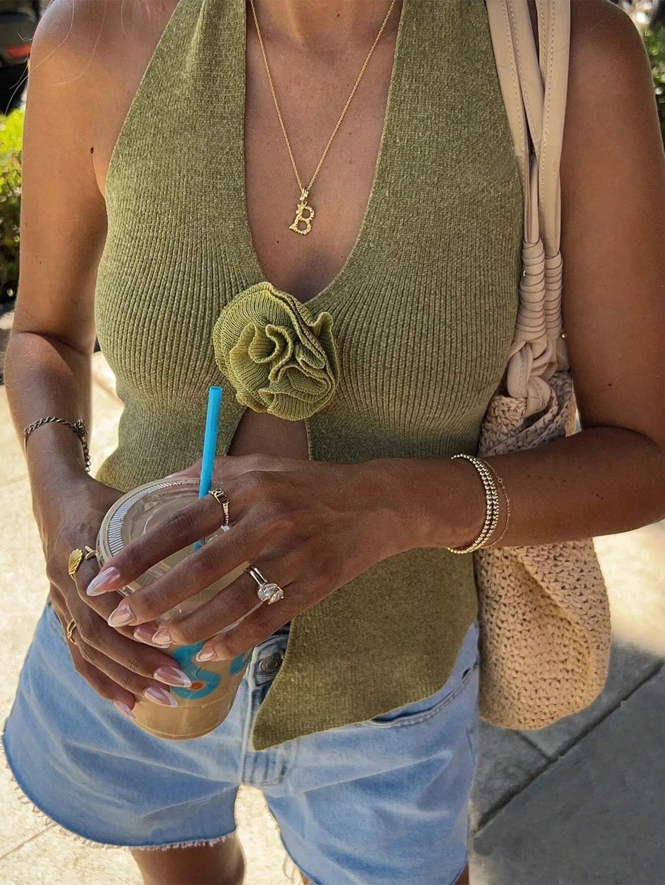 Knit Top Women's V-Neck Ribbed Knit Sweater Vest with Flower Detail Moss d1003a66-9c1e-47a8-bb34-d07a1e55c6f6-Max-Origin Trendsi