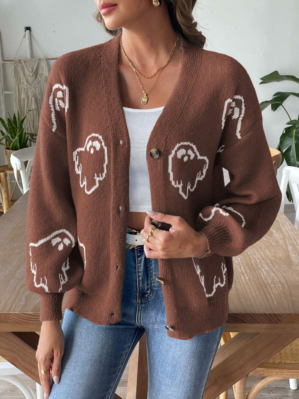 Knit Cardigan Animal Pattern V-Neck Dropped Shoulder Knitwear d10073e8-0a28-4d11-b184-fc8bdce50b9f-Max Trendsi
