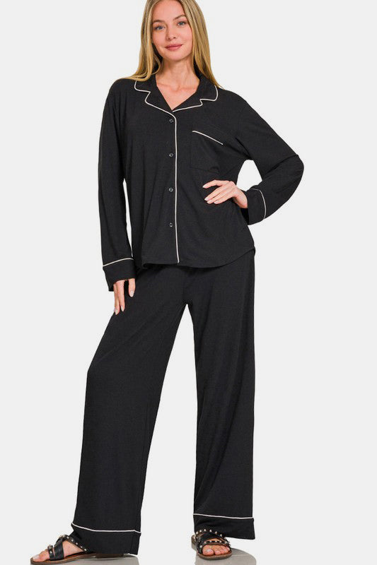 Zenana Lounge Set Black Collared Shirt Long Sleeve Top and Pants Sleepwear
