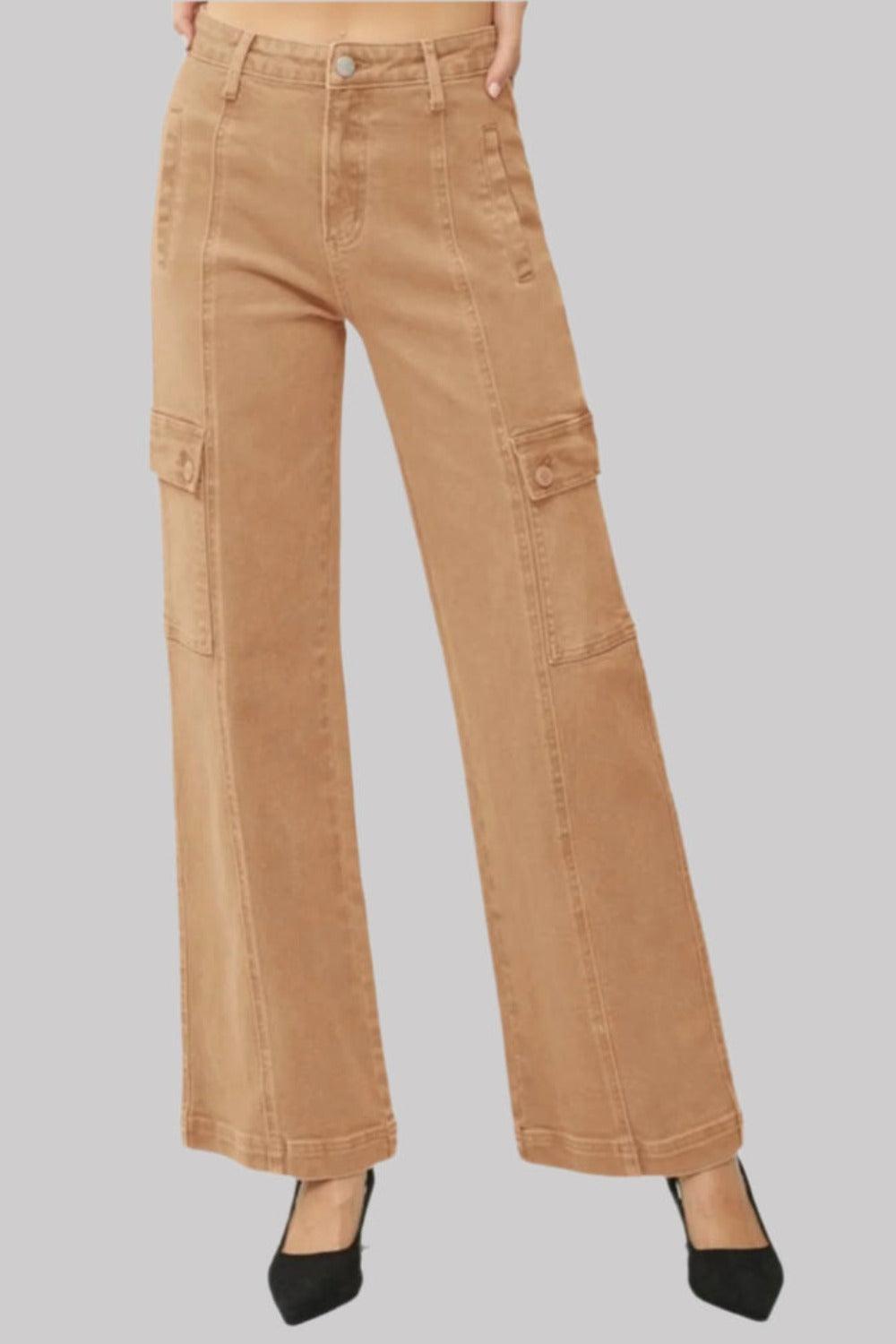 RISEN Cargo Jeans USA Stock High Rise Wide Leg Cotton Brown Pants