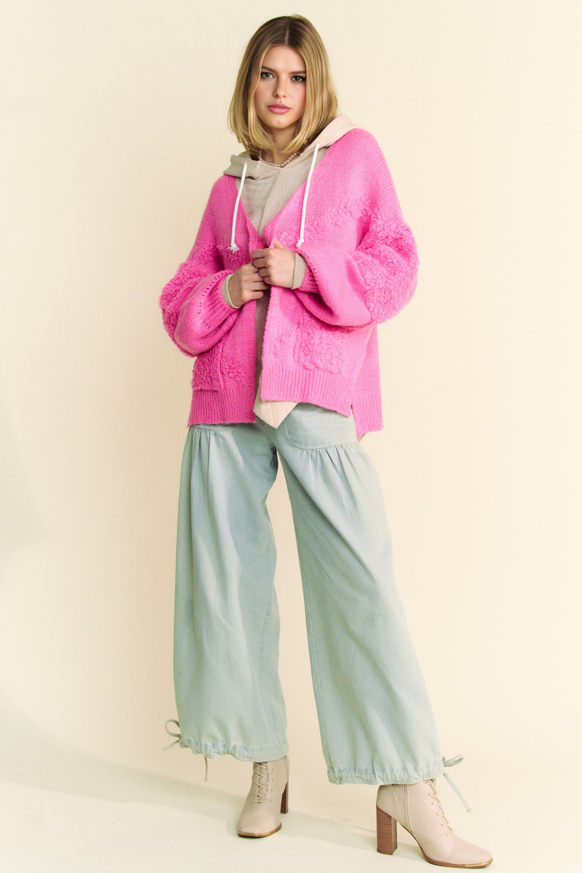 Davi & Dani USA Pink Cardigan Woolen Blend Side Slit Open Front Long Sleeve d1106057-3454-491f-b0e4-4ec9376c06a4-Max Trendsi
