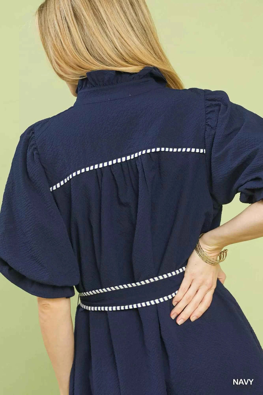 Umgee Midi Dress Navy Ruffle Collar with Stripe Trim Puff Short Sleeve d11162e8-1c36-4b08-8784-6b9c7169536b-Max-Origin Trendsi