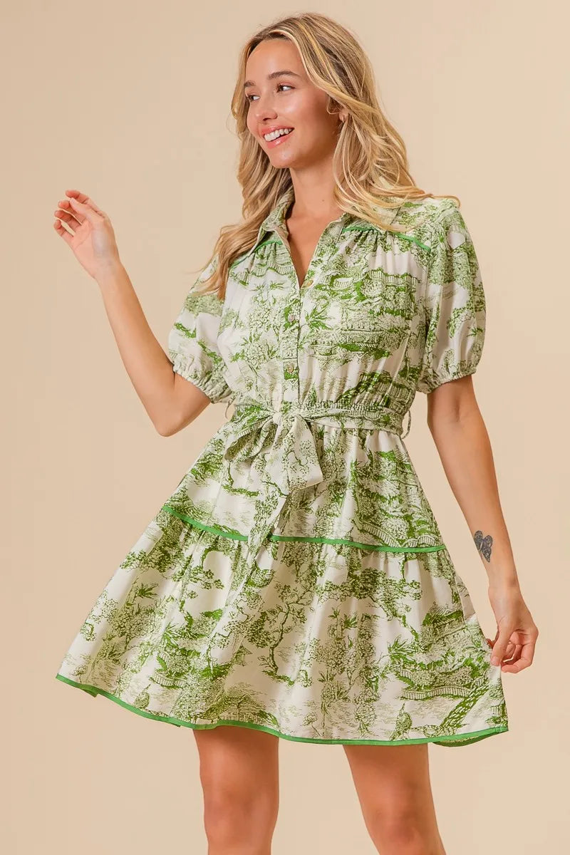 BiBi Mini Shirt Dress Floral Green Printed Tiered Belted Short Sleeve d117e0b940524862802a9c9bc0b6818c-Max-Origin Trendsi
