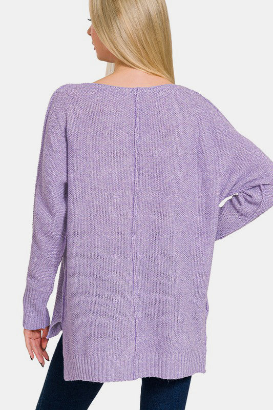 Zenana Sweater Lavender High-Low Center Seam V-Neck Long Sleeve