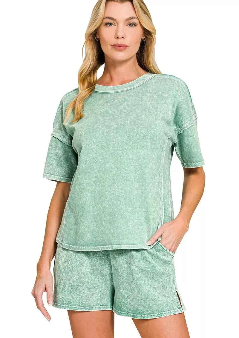 Zenana Tracksuit Set Halo Snow Washed Green Short Sleeve Tee and Shorts DK GREEN d11b91df3b1c417c81476772c30e7352-Max-Origin Trendsi