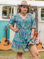 Plus Size Printed Mini Dress with Tie Neck