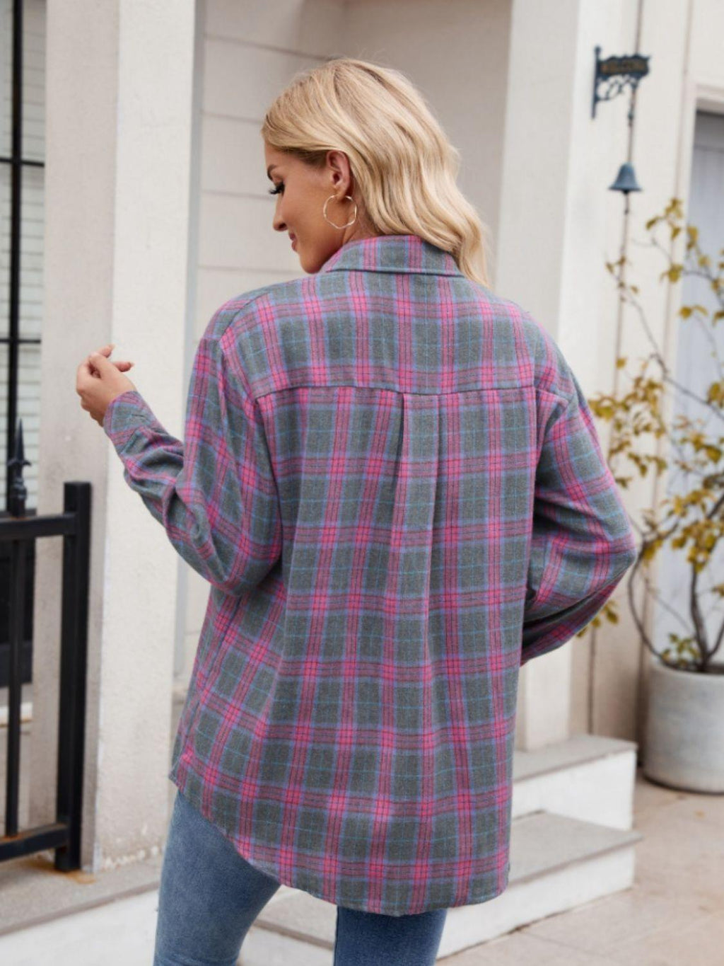Pocketed Plaid Shirt Collared Neck Long Sleeve Button up d11d9505-0d69-4f00-9c3d-f50ac011f79e-Max Trendsi