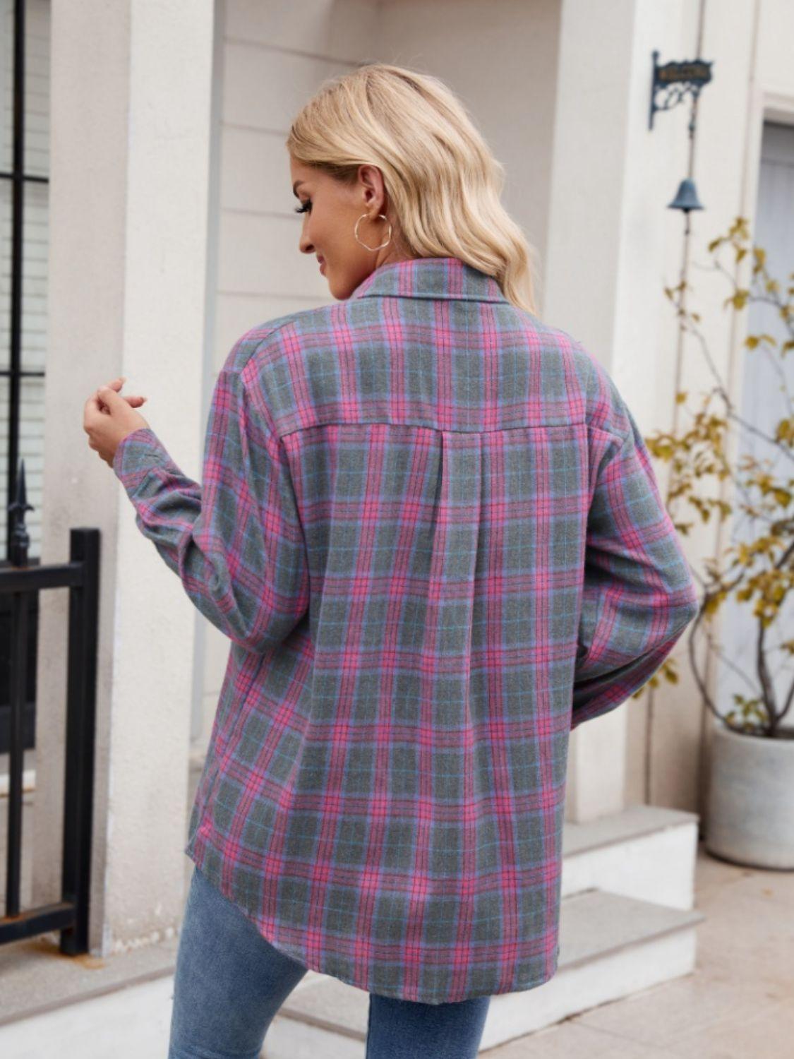 Pocketed Plaid Shirt Collared Neck Long Sleeve Button up d11d9505-0d69-4f00-9c3d-f50ac011f79e-Max Trendsi
