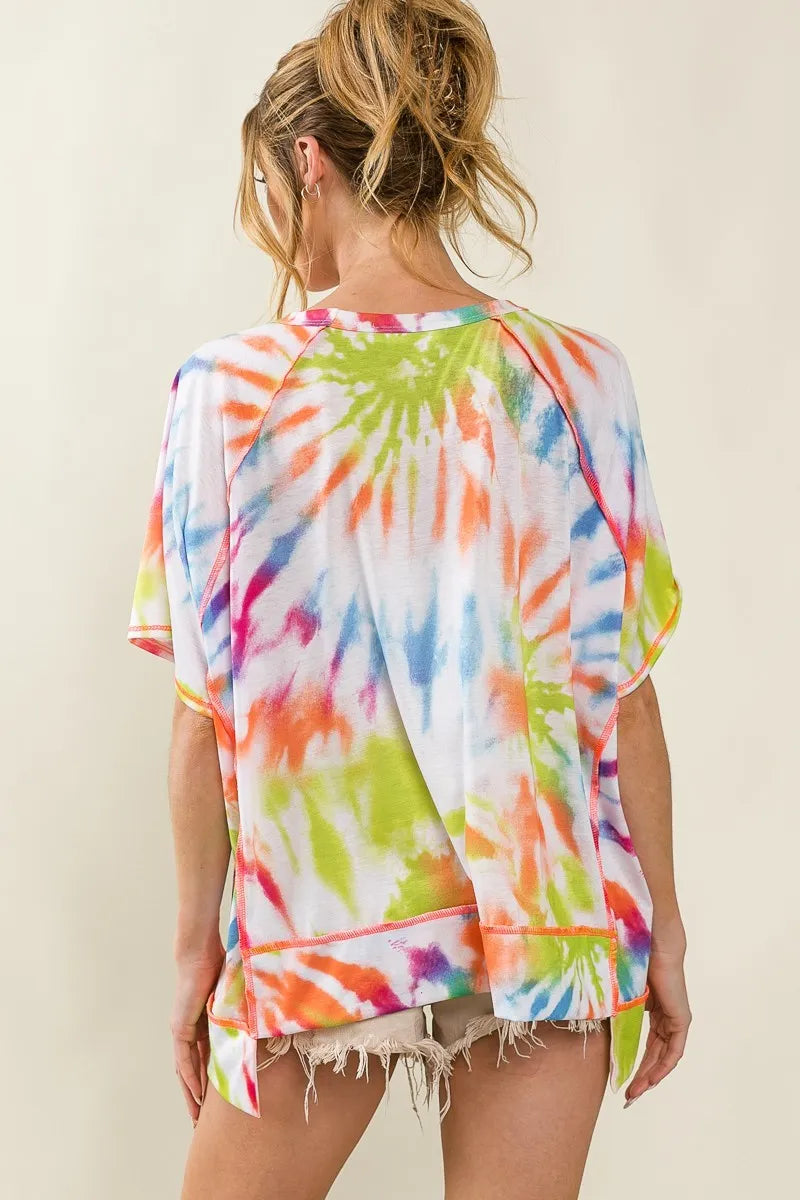 BiBi T-shirt Cotton Tie Dye Print Jersey Stitched Uneven Hem Top d11d959e87d049ab803e24b7a4173776-Max-Origin Trendsi