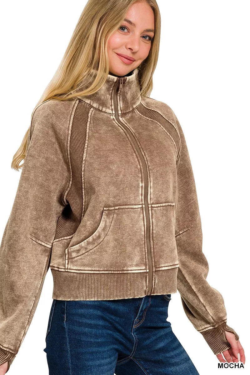 Zenana Fleece Jacket Mocha Brown Acid Wash Zip Up Long Sleeve d1202da2552c4232ab44b257e399d606-Max-Origin Trendsi