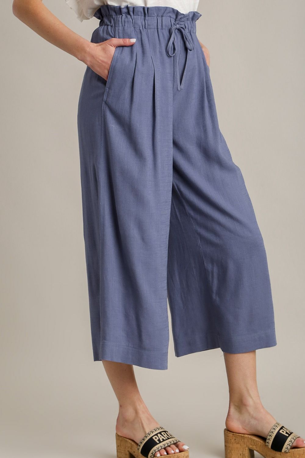 Umgee Linen Pants Wide Fit Dusty Blue Drawstring High Waisted Pocketed d126c5e5-b5cc-4324-ac24-3f194312403c-Max Trendsi