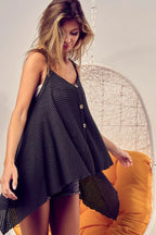 BiBi Cami Top Popcorn Waffle Black Knit with Buttoned Front Oversized d128f7a44b8145ae9df7b084289934d7-Max-Origin Trendsi