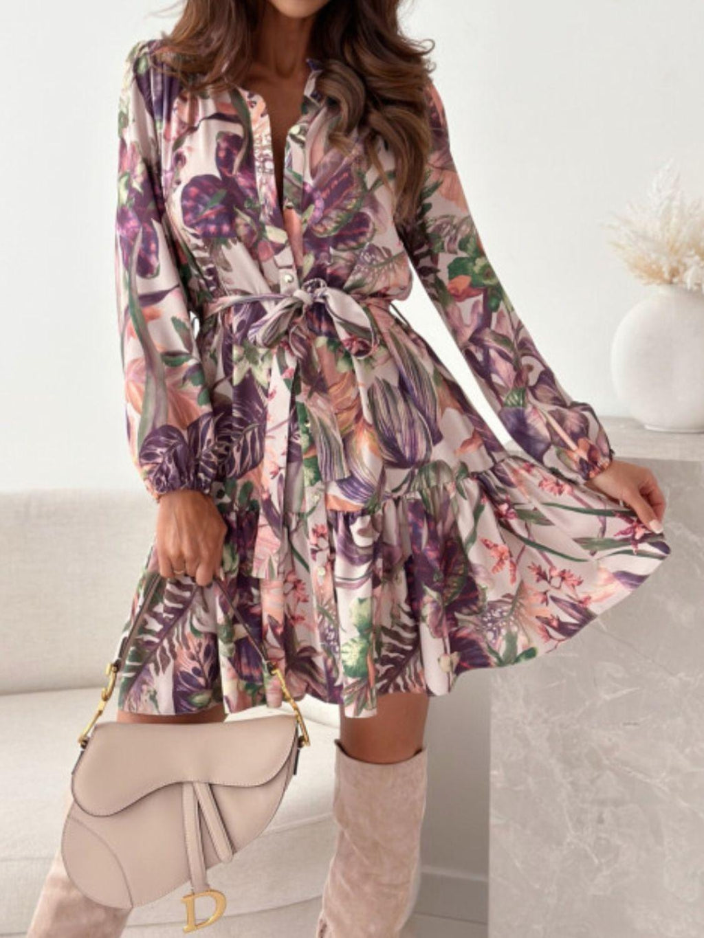 Floral Dress Ruffle Hem Long Sleeve Shirt Dress Belted d129db90-ec5c-4a30-8fc8-92f97c3ef414-Max Trendsi