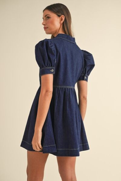 Denim Shirt Dress Collared Neck Half Zip Short Puff Sleeve Ruffled d12d6052-a31a-489c-b661-1464e6002726-Min Trendsi
