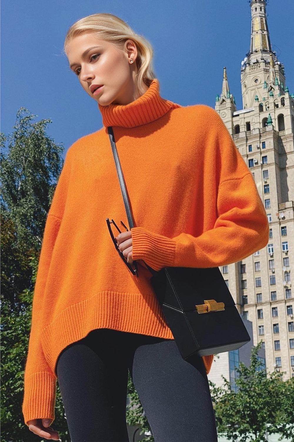 Basic Bae Turtleneck Sweater Viscose Long Sleeve Oversized Knitwear Orange One Size