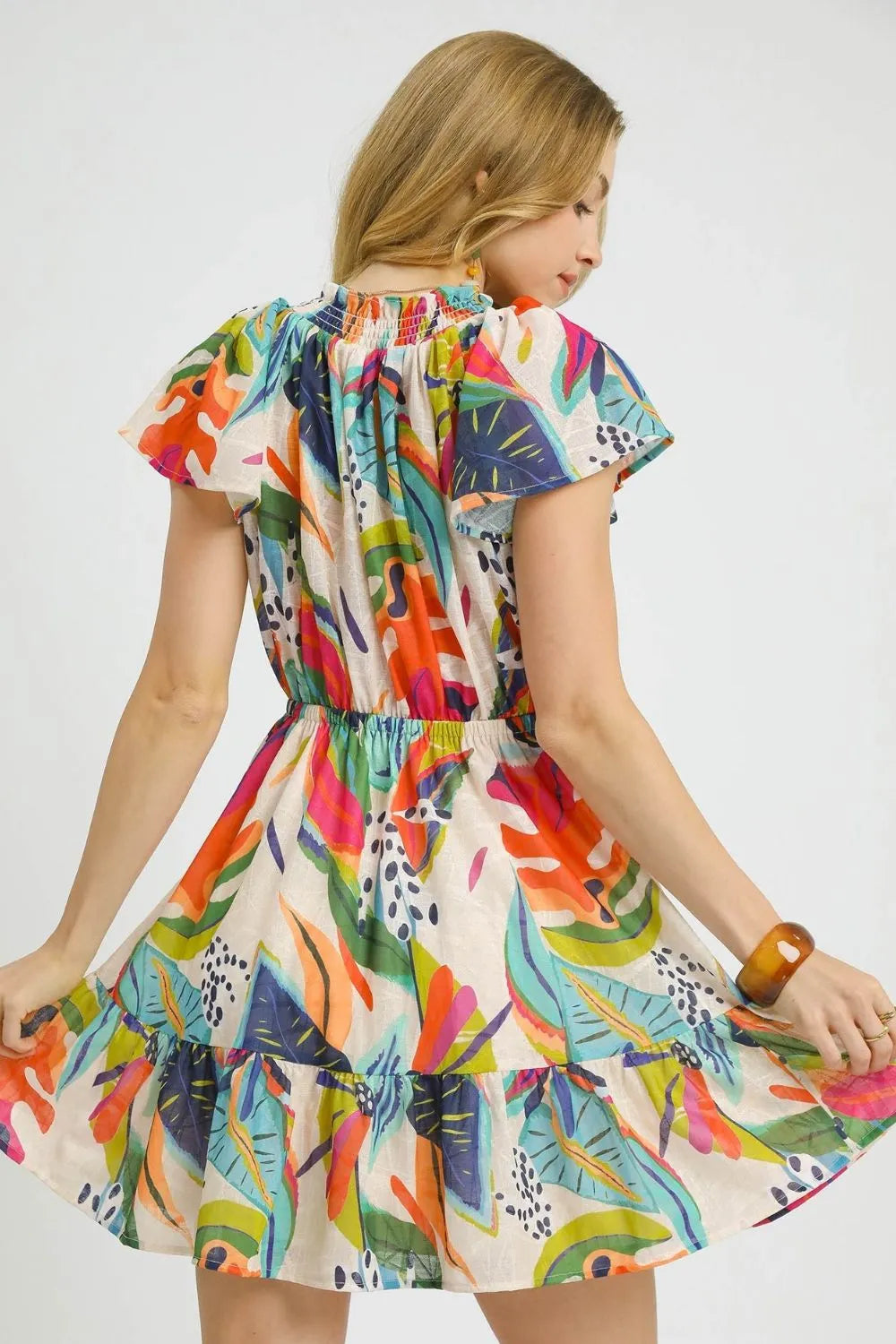 Umgee Short Dress Floral Printed Colorful Tie Neck Ruffled Hem Smocked d130820e-13c8-447a-929f-7a3c8060276b-Max-Origin Trendsi
