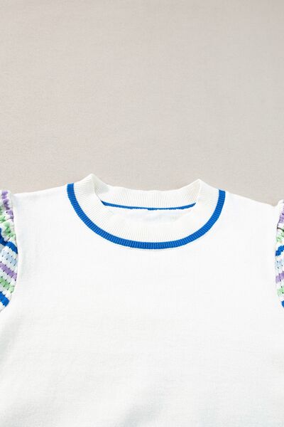 White Knit Top Crochet Striped Puff Short Sleeve Round Neck Sweater d1324ec9-2848-4684-8479-1e6ab24550f0-Min Trendsi