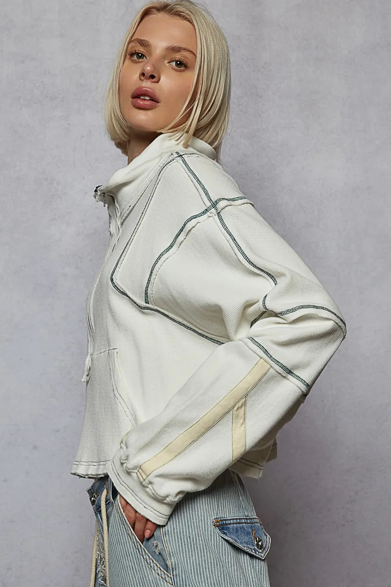 POL Sweatshirt White Contrast Stitching Zip Front Long Sleeve Pocketed d132f47e-eeae-4a95-8321-96f756b991ad-Max-Origin Trendsi