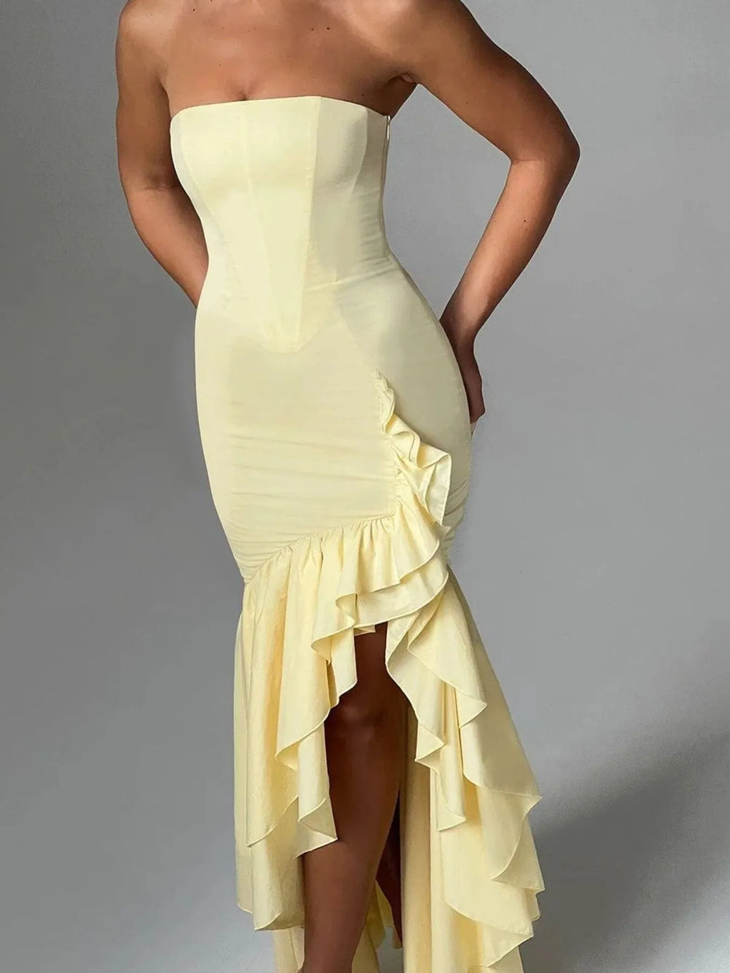 Bodycon Dress Strapless Ruffle Split High-Low Tiered Party Dresses Pastel Yellow d13529c2-e8b8-4a2c-83dc-68351b85d6dd-Max-Origin Trendsi