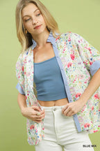 Umgee Womens Shirt Jacquard Blue Floral Mix Print Short Sleeve Top d1364bb5-283b-466b-9854-834433fa9b25-Max-Origin Trendsi