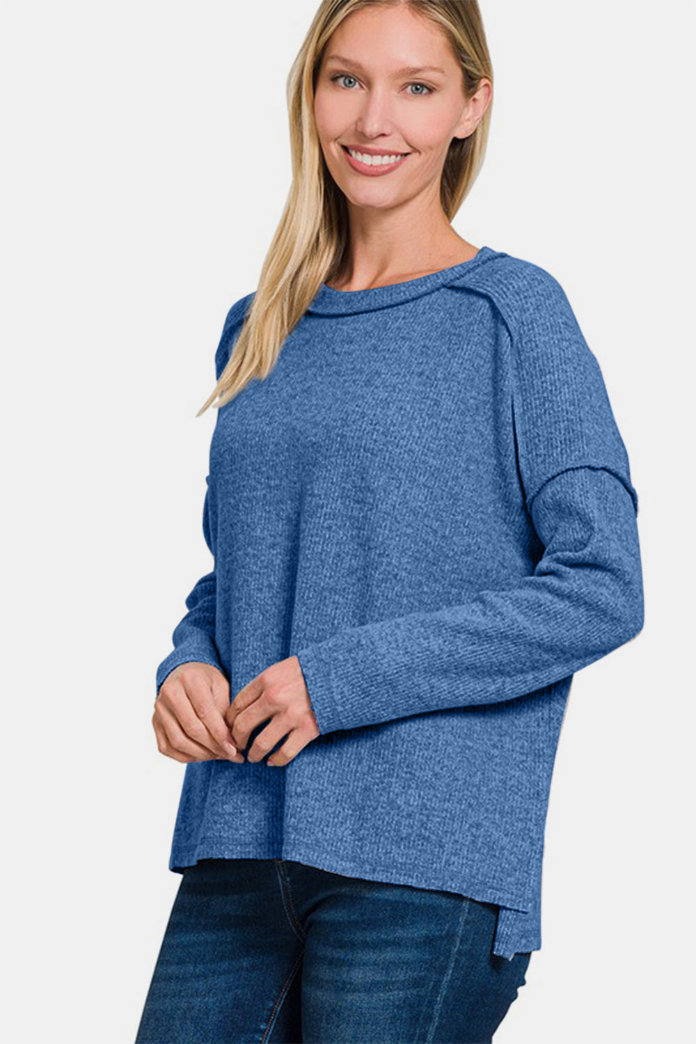 Zenana Women Sweater Knit Navy Exposed Seam Brushed Round Neck Pullover d139147a-fa31-4817-9e6b-66f5de02b289-Max Trendsi