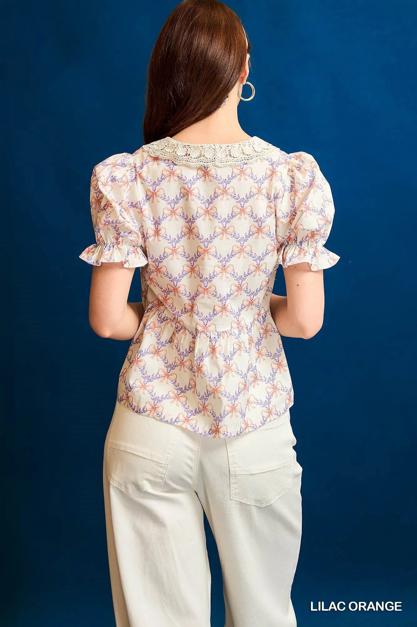 Umgee Blouse Bow Lilac Orange Floral Print Lace Detail Flounce Short Sleeve Top d13e69b5-46e8-4123-9f82-ca9f78d0eb64-Max-Origin Trendsi