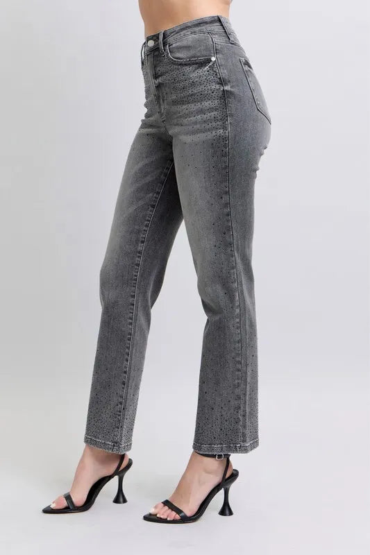 Judy Blue Gray Jeans High Waist Rhinestone Straight Pants d13f429f37854e6fab1cd6c4e9f1f5fc-Max-Origin Trendsi