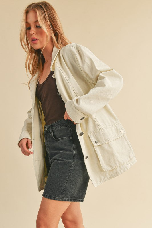 Aemi + Co Button Up Jacket Ivory Seam Detail Long Sleeve with Pockets