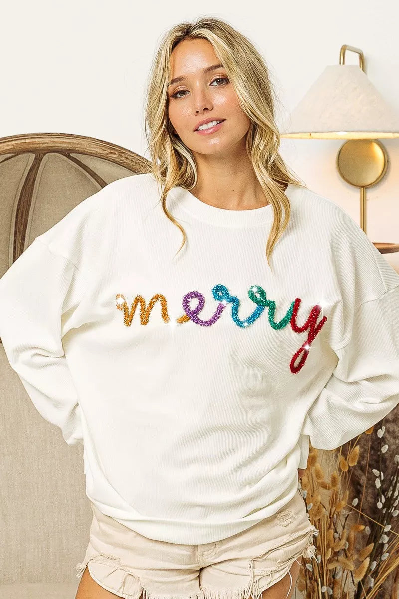 BiBi Sweatshirt White Merry Tinsel Lettering Drop Shoulder Pullover d155293ba5ff4396aa14fc8840c05a9e-Max-Origin Trendsi