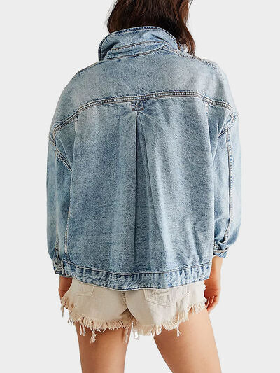 Denim Jacket Women's Blue Classic Long Sleeve Oversized Pocketed Outwear d15e7422-6980-4e99-afb8-bdfea886b71a-Min Trendsi