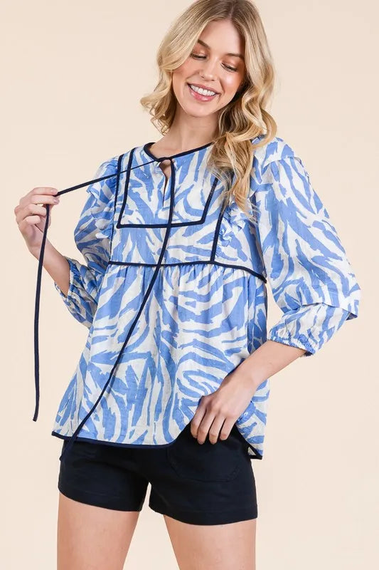 Lime 'N' Chili Blouse Blue Graphic Print Solid Trim Quarter Sleeve Tiered d15fb67bee184fca876cc4050dddd8c5-Max-Origin Trendsi