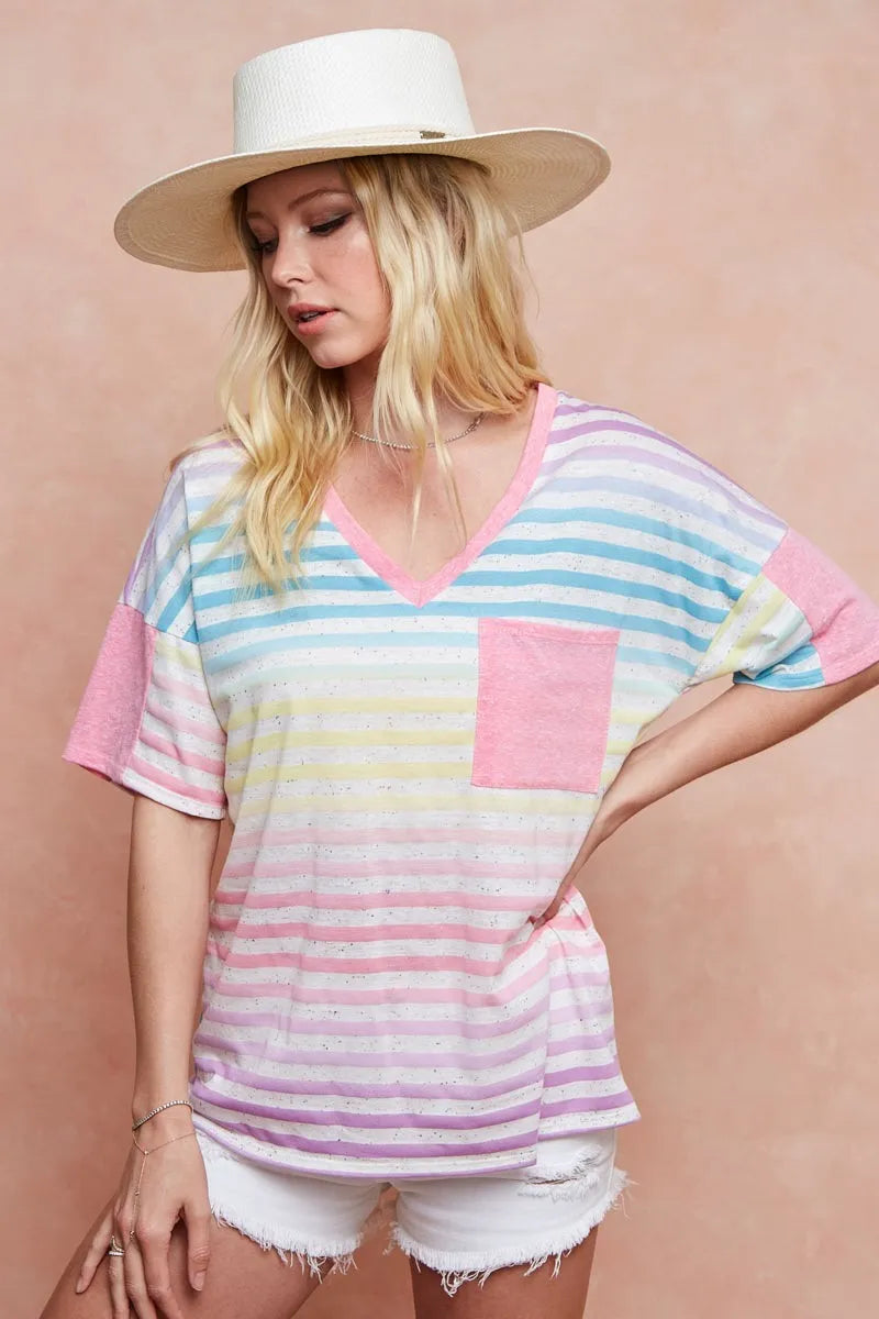 BiBi Cotton T-shirt Rainbow Stripe Printed Triblend Knit Short Sleeve Top d169b5b9d2cf4358986feb9b310a61f8-Max-Origin Trendsi
