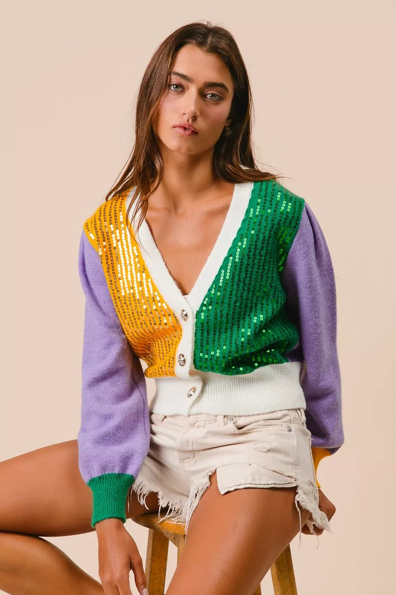 BiBi Sequin Sweater Cardigan Mardi Gras Color Block Buttoned Long Sleeve d16ae3e979d142e3baf0cdec40d6b25f-Max-Origin Trendsi