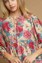 Umgee Women's Blouse Lagoon Mix Floral Peplum with Tie Neck Top d16caf57-9035-4531-b010-90e74d6cfb7e-Max-Origin Trendsi
