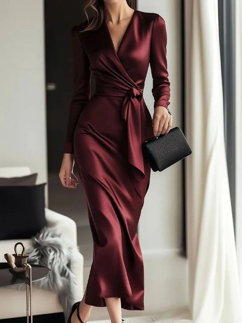 Long Sleeve Satin Dress with Tie Waist