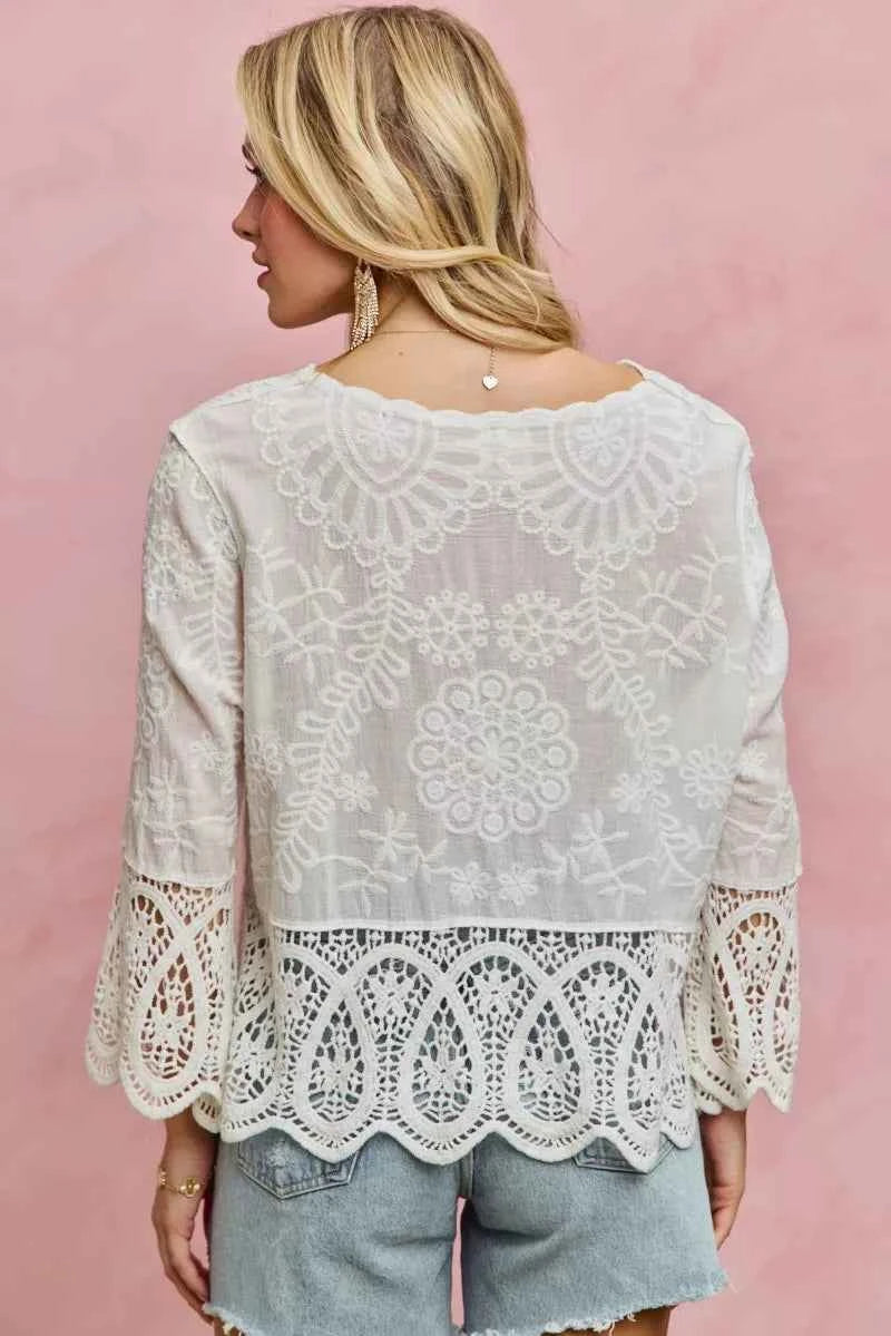 SO ME Floral Embroidered Crochet Lace Trimmed Top