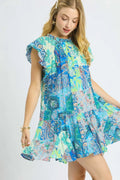 Umgee Mini Dress Paisley Printed Ruffle Cap Short Sleeve Neon Green d18217d7-6100-493b-a091-f2f9d7e0ed50-Max-Origin Trendsi