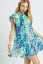 Umgee Mini Dress Paisley Printed Ruffle Cap Short Sleeve Neon Green d18217d7-6100-493b-a091-f2f9d7e0ed50-Max-Origin Trendsi