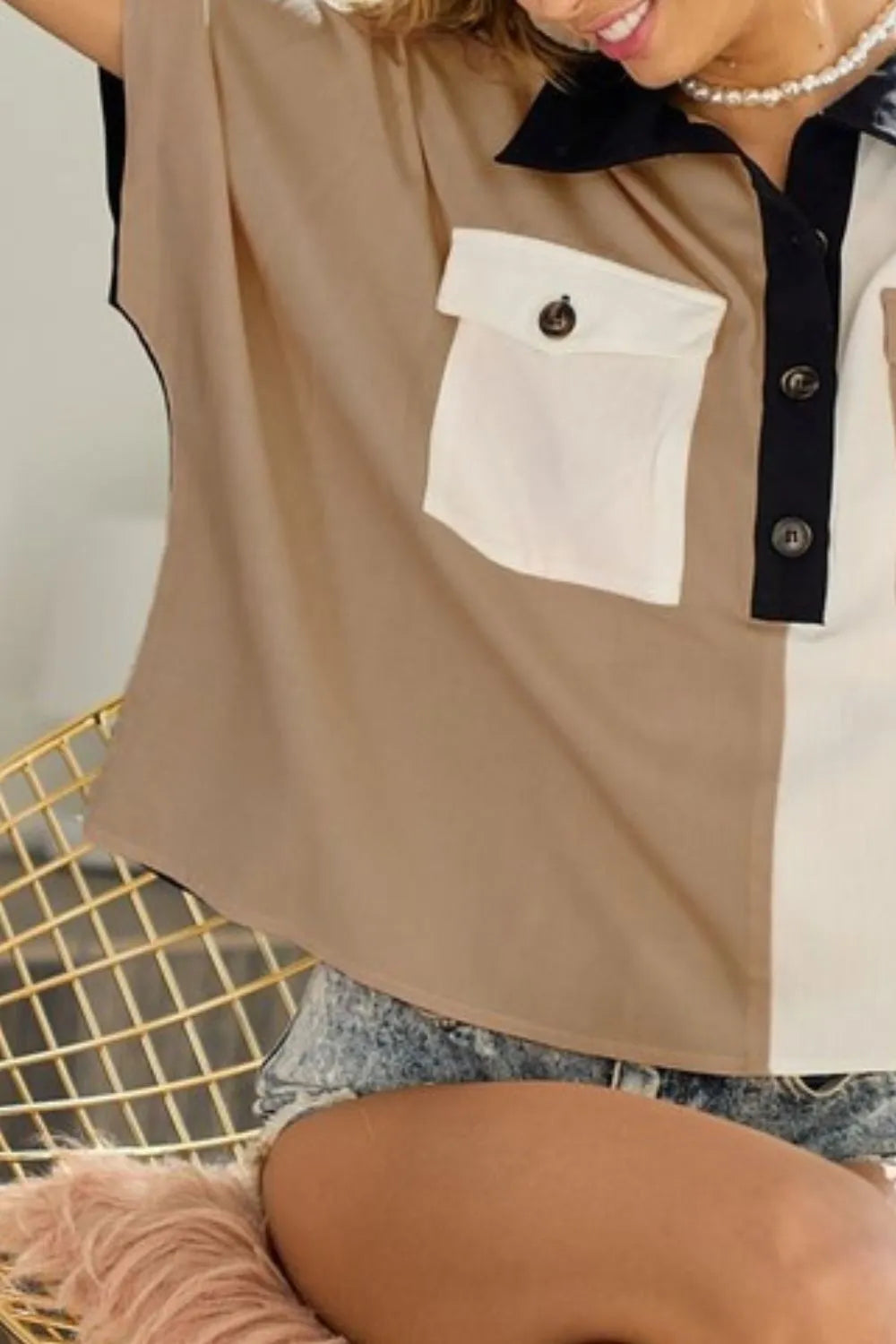 BiBi Top Latte Color Block Quarter Neck Short Dolman Sleeve Front Pockets d18afb6c-17f9-42ca-8fd0-8b68df72ca1d-Max-Origin Trendsi
