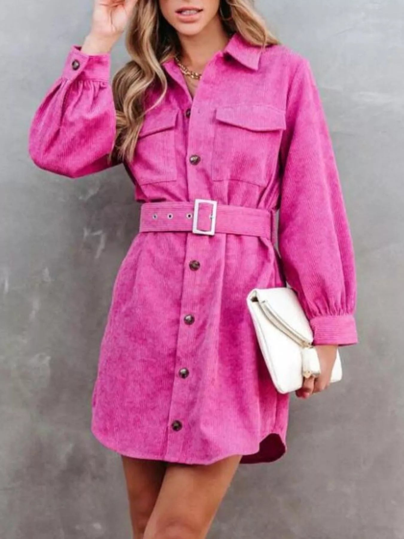 Corduroy Mini Shirt Dress Button Front Belt Long Sleeve Rose Red d19164c8-f9e8-463f-b149-b2f0e3c713bd-Max-Origin Trendsi