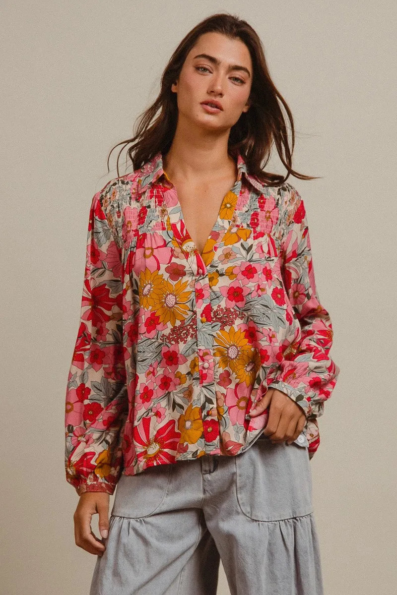 BiBi Women's Shirt Rose Floral Printed Smocked Long Sleeve Top d192ada3845341c8917e90951737b678-Max-Origin Trendsi
