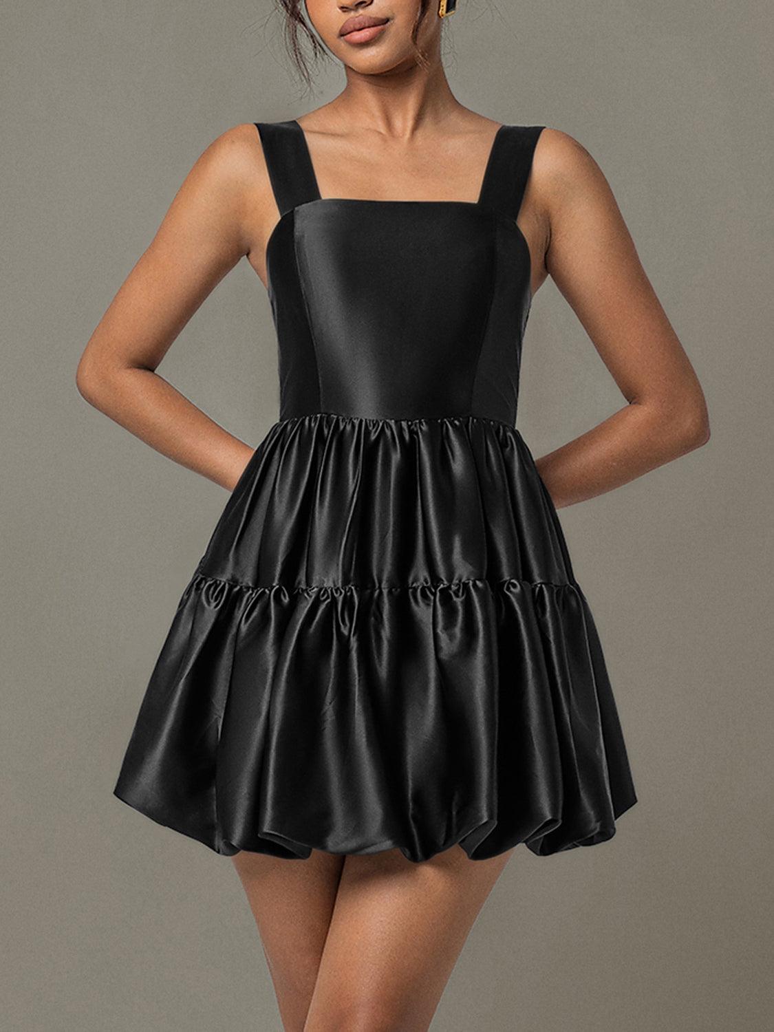 Ruched Black Mini Dress Square Neck Wide Strap Ruffle High Waisted d196e3b0-bd98-400c-a058-2d3385c800ad-Max Trendsi