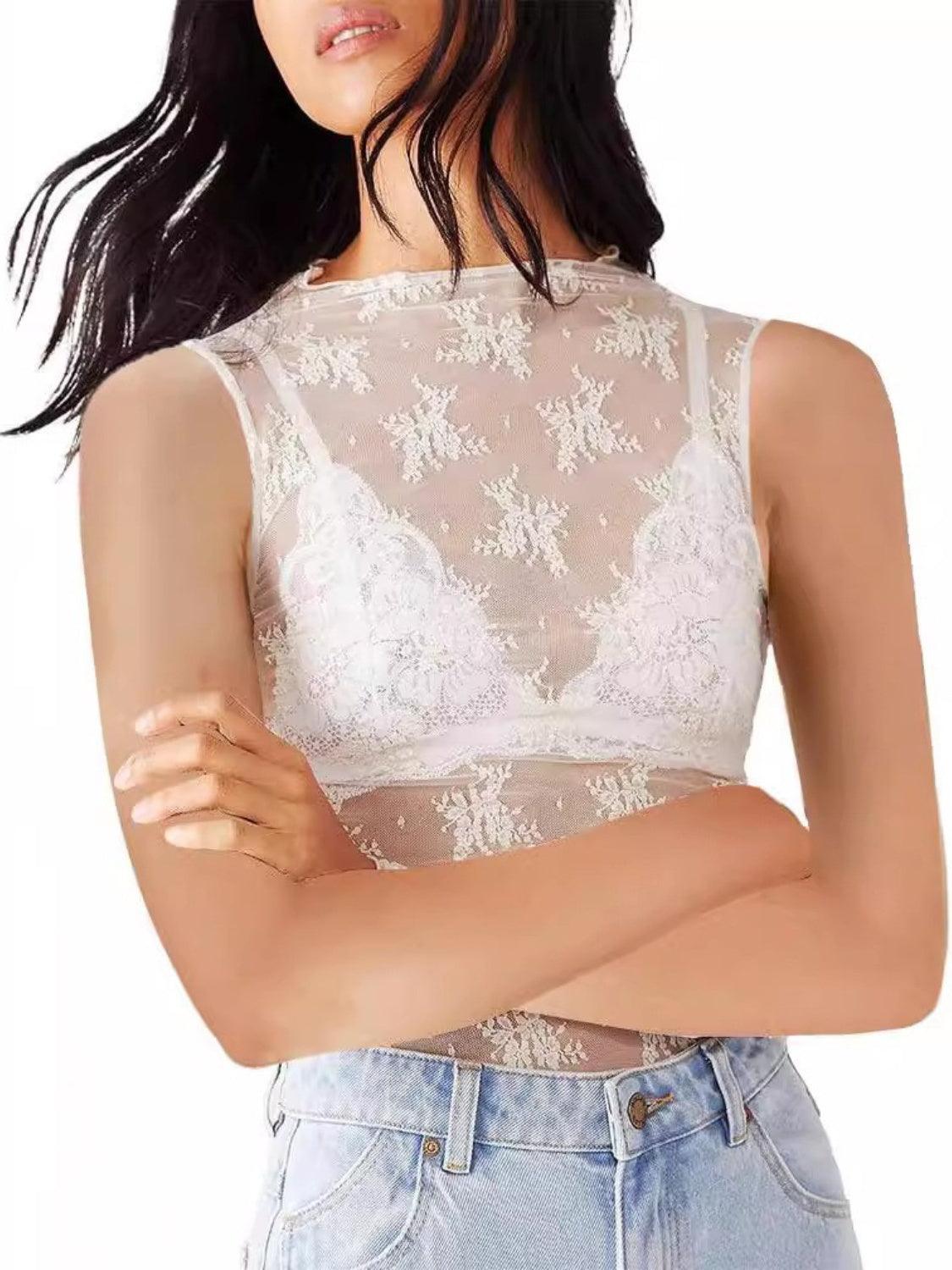 Floral Lace Top Mock Neck Sleeveless Transparent Tank Tops White d199e556-3c4b-4e12-8caf-d457a193afc6-Max Trendsi