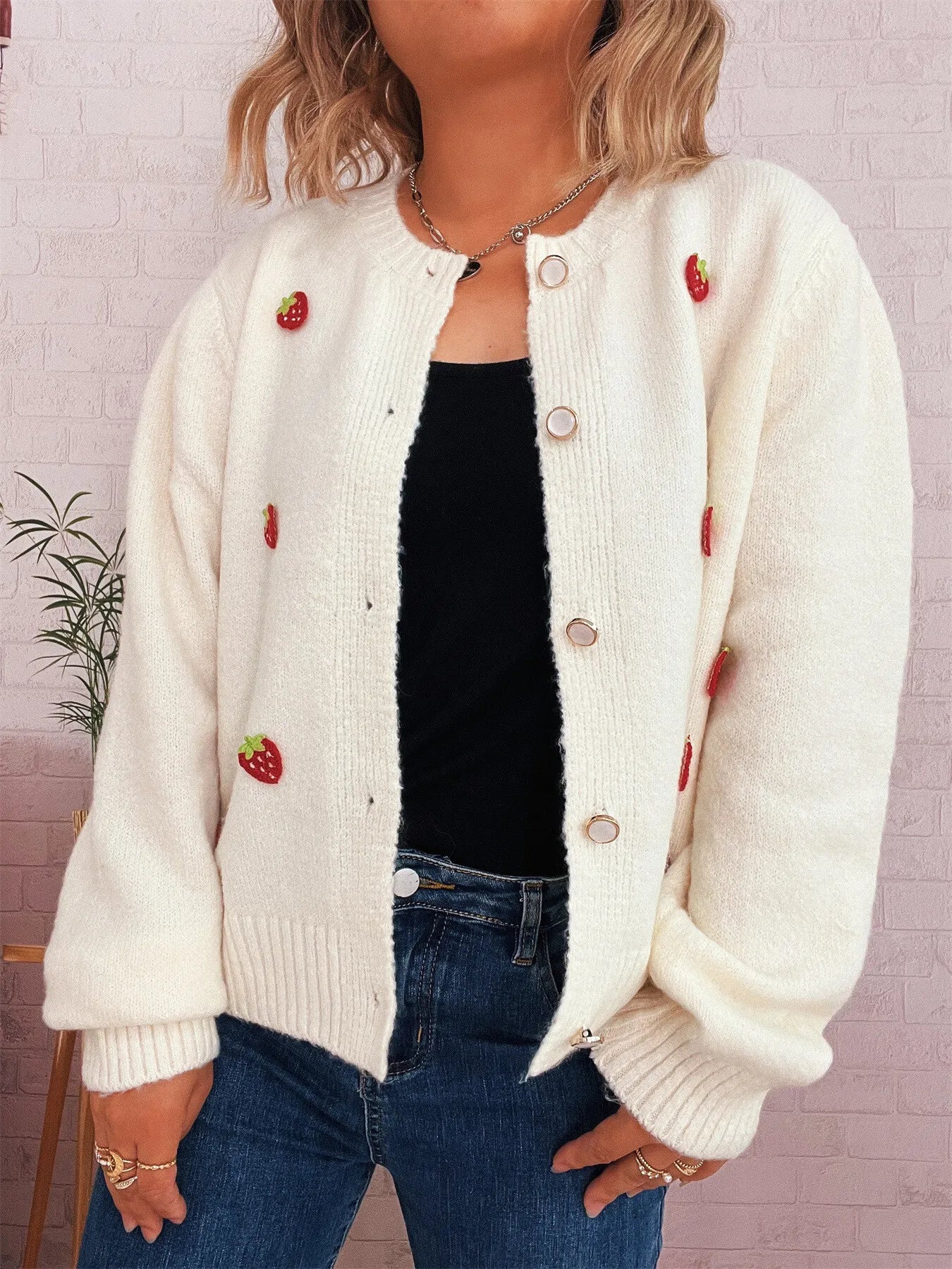 Women's Cardigan Strawberry Button Up Long Sleeve Soft Knit d1b2056eb5e048b0a1a5fde6ff9ecbda-Max-Origin Trendsi