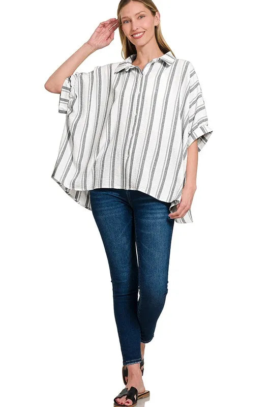 Zenana Shirt Woven Yarn-Dye White Black Stripe Oversized Short Sleeve Top d1b2609deeff480094f1413ea92df191-Max-Origin Trendsi