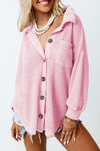Waffle-Knit Women Shirt Collared Neck Long Sleeve Pocketed Single Breasted d1b2bd5c-65f0-4e7b-a4e0-765d46050113-Max Trendsi