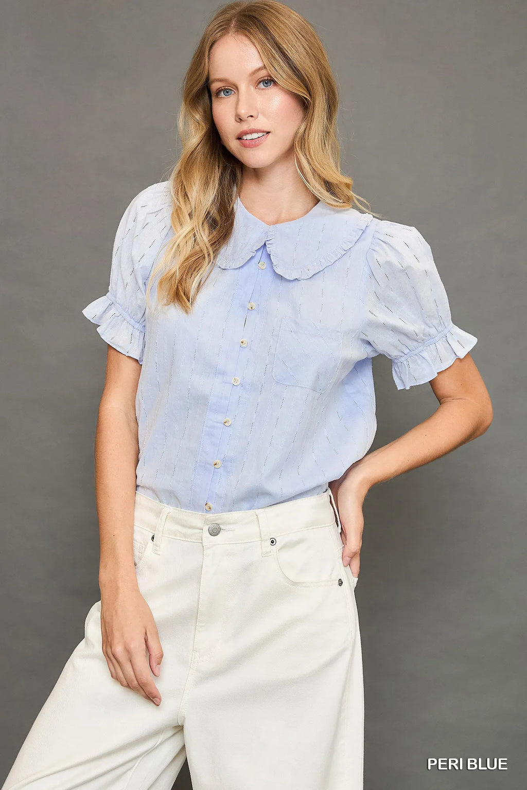 Umgee Shirt Peter Pan Collared Button Up Textured with Ruffled Short Sleeve Top PERI BLUE d1bfacf1-c8fb-4f9d-966d-71720f3aa7fe-Max-Origin Trendsi
