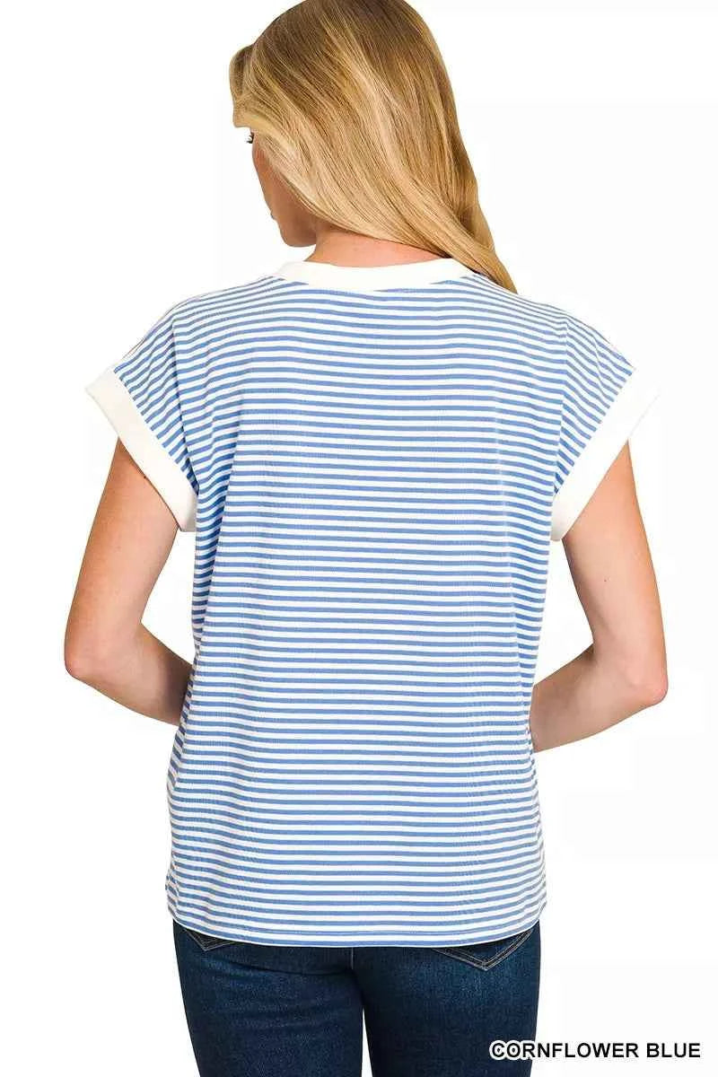 Zenana Striped T-Shirt Blue Round Neck Short Sleeve Contrast Trim Top d1c04b87b83443f0ad84027ea26d7f93-Max-Origin Trendsi