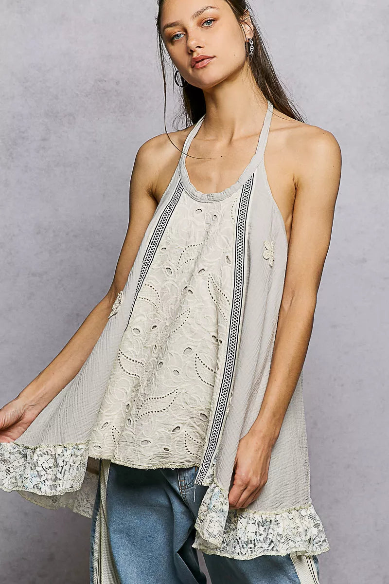 POL Lace Ruffle Halter Neck Double Gauze Top with Crochet Patch LIGHT TAUPE d1c1ffe0-125e-40a0-abd8-041b6d34776c-Max-Origin Trendsi